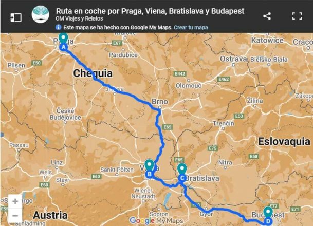 mapa-google-ruta-en-coche-por-Praga-Viena-Bratislava-Budapest